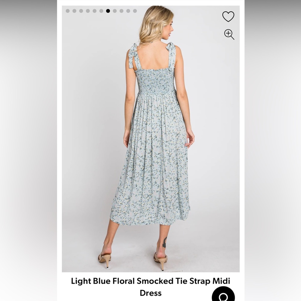 Light Blue Floral Smocked Tie Strap Midi Dress